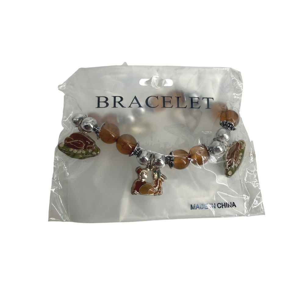 Thanksgiving Turkey Pilgrim Charm Bracelet Glass Bead Brown Autumn Harvest‎